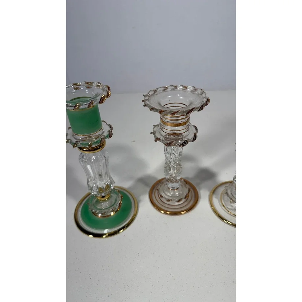 Vintage Murano Style Glass Candlestick Holders Set of 3 Gold Trim Green Clear